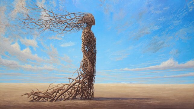 Symbolist painting of a woman made of twisted roots and branches, standing alone on desolate plain, concept of disconnection