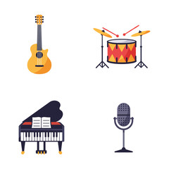 Collection of Musical Instruments Including Guitar Drums Piano and Microphone