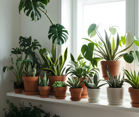 Fototapeta premium Assorted Potted Indoor Houseplants on a Bright Windowsill in Natural Light