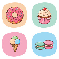 Sweet Treats Cartoon Illustration Featuring Donut Cupcake Ice Cream and Macarons