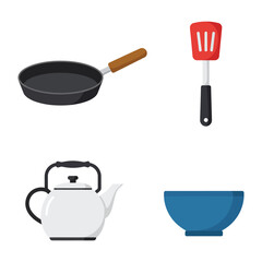 Simple Kitchen Utensils Illustration Frying Pan Spatula Kettle and Bowl