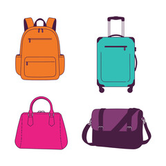 Colorful luggage and bags set including backpack suitcase and handbags