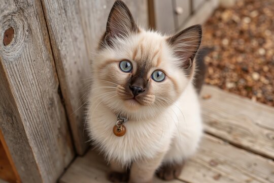 A small kitten with blue eyes sitting on a wooden deck - Powered by Adobe