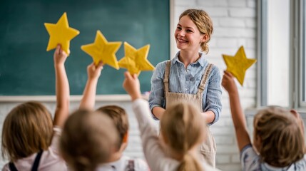 Smiling teacher in a classroom as young children raise large yellow stars, symbolizing recognition, achievement, and positive feedback in education.
