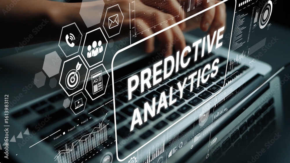 Poster hands typing on laptop with overlay of predictive analytics graphics and data visualization elements