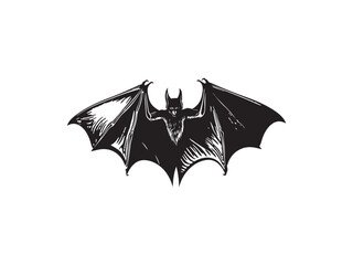 Isolated Black Bat with Spreading Wings, Horns, and Furry Chest Illustration