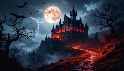 Gothic vampire castle on a hill, full moon in the night sky and lightening, bats flying around, Halloween scene  spooky background wallpaper
