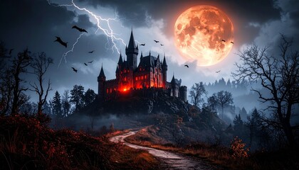 Gothic vampire castle on a hill, full moon in the night sky and lightening, bats flying around, Halloween scene  spooky background wallpaper