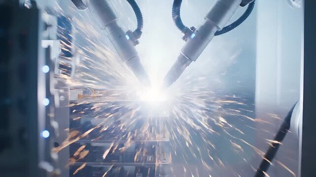 Automated robotic welding process on circuit board manufacturing in modern factory setting