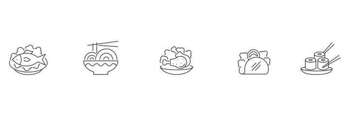International taste, modern food line icon, ethnic cuisines, minimalist vector restaurant, global meal set, diverse cooking round menu illustration