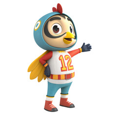 Cute cartoon chicken mascot wearing a sports uniform isolated on transparent background