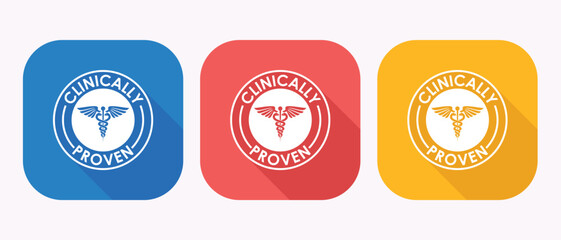 Clinically Proven Badges in Blue Red and Gold Representing Medical Validation and Scientific Backing with the Caduceus Symbol