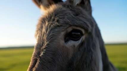 Close-up of a Donkey in a field under the sunlight, Eye level view video - Powered by Adobe