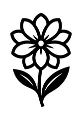 Elegant Black and White Flower Icon – Symmetrical Eight-Petal Blossom with Central Circle and Twin Leaf Stem