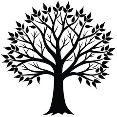 Obraz premium Black tree silhouette with detailed branches and leaves black and white vector art