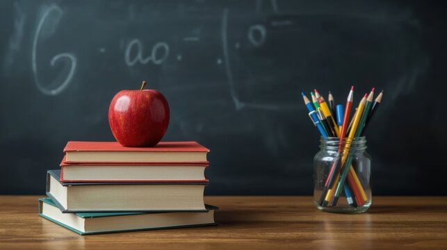 Red apple on stacked books next to colored pencils on a school desk