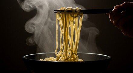 Steaming Hot Noodles Lifted by Chopsticks, Illuminated by Dramatic Backlighting