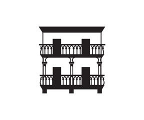 Fototapeta premium Ornate TwoStory Balcony Illustration in Black Silhouette Against a White Background