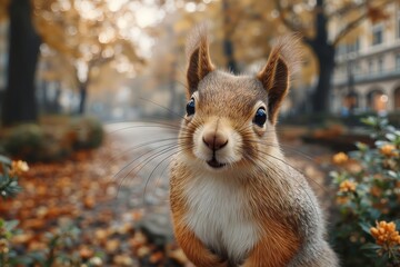 Obraz premium A squirrel sitting on top of a rock in a park