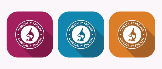 Clinically Proven Badges Assorted Colors Representing Scientific Validation and Medical Testing with Microscope Icon and Rounded Square Backgrounds