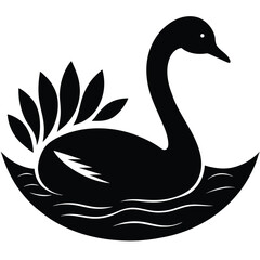 Elegant black swan floating on water with decorative tail feathers silhouette lake