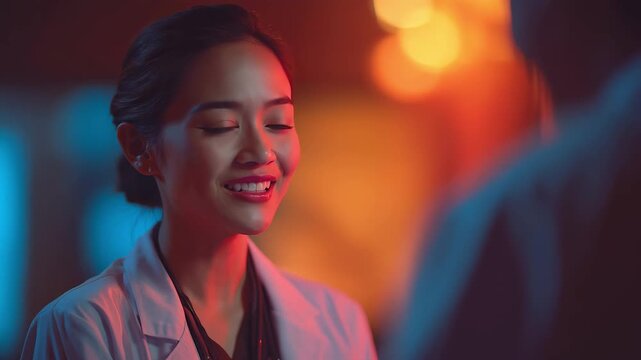 A vibrant contact sheet captures an Asian female doctor in a lab coat, talking warmly amidst colorful lighting, evoking a sense of connection and positivity.
