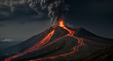 Fiery volcanic eruption with glowing lava flows cascading down its slopes, billowing smoke and ash fill the dark sky