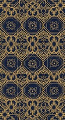 Elegant Golden Geometric Pattern on Dark Blue Background for Textile and Design