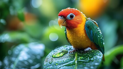 Colorful parrot on wet leaf