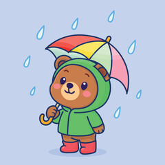Cute Bear in Raincoat with Umbrella