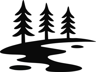 Black silhouette of three pine trees beside a winding stream