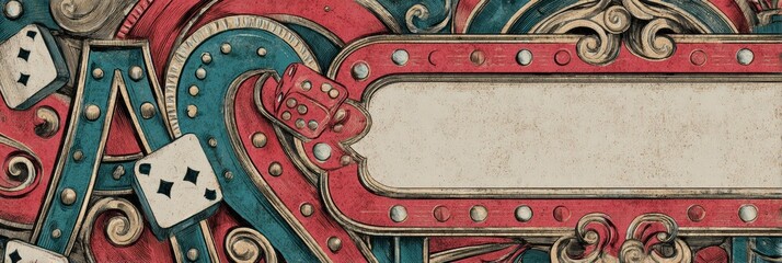 Vintage Casino Signboard Illustration Featuring Decorative Elements and a Blank Space for Customization in a Colorful Design
