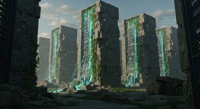 Ancient stone pillars with bioluminescent vegetation and cascading energy streams landscape