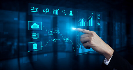 Data flow from database and cloud to processing and analytics dashboards, representing data...