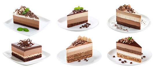Set of assorted chocolate mousse cakes on plates isolated on transparent background for dessert and bakery design themes