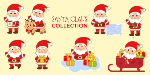 Adorable Santa Claus collection in kawaii flat style. Santa with gifts, sleigh, reindeer, cookies, hot cocoa, and more festive poses. Perfect for Christmas cards, stickers, packaging, and decor.