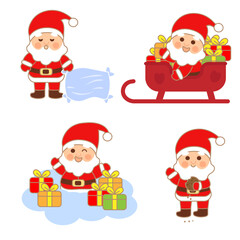 Cute cartoon Santa Claus set in flat style sleeping with a pillow, riding a sleigh with gifts, surrounded by presents, and eating cookies. Perfect for Christmas cards, stickers, and festive designs.