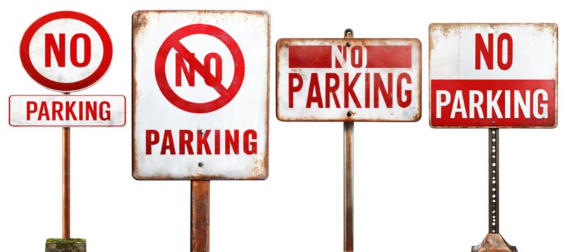 Set of rusty no parking signs isolated on transparent background for traffic regulation and urban design themes