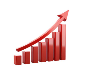 Glossy 3D red bar chart with arrow isolated on transparent background representing growth, progress, and success