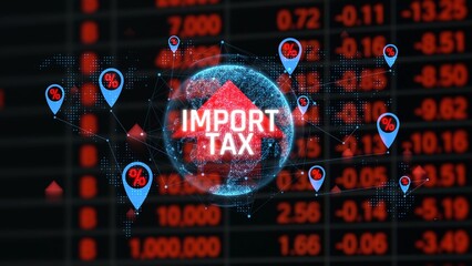 Global Import Tax and Tariff Concept with Data Visualization Overlaid on Stock Market Background. Consignment.