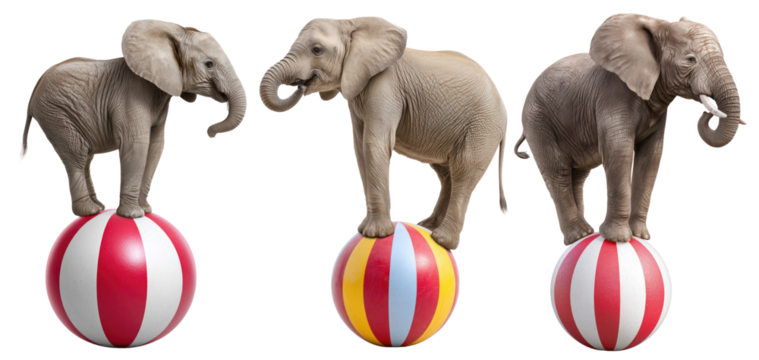 Cute circus elephants balancing on colorful balls isolated on transparent background symbolizing talent, fun, and entertainment