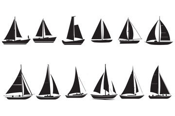 Silhouette set of eleven sailing boats with different sails on white background