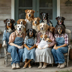A group of dogs is dressed in human clothing, sitting together on a porch in a family portrait style 