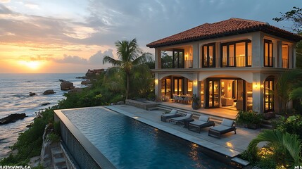 Luxury coastal home at sunset