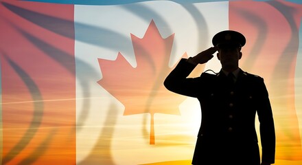 Canadian soldier saluting against a backdrop of the national flag and a sunset