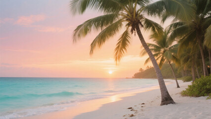 Obraz premium Soft sunrise on a tropical palm‑lined beach with gentle waves lapping the white sandy shore under pastel pink and orange sky.