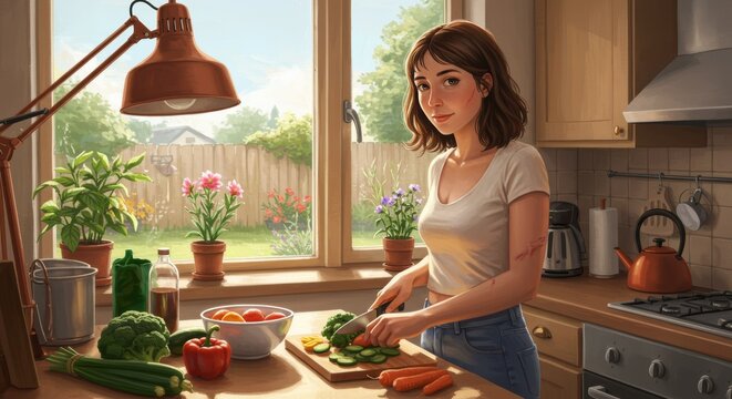 Animated woman joyfully prepares colorful vegetables in a bright, inviting kitchen setting