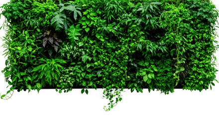 Lush green vertical garden wall with diverse foliage isolated on transparent background