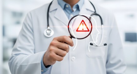 Doctor examining mental health with magnifying glass and warning sign for health problem concept