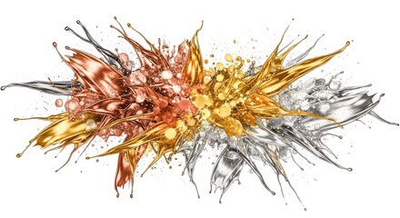 Fototapeta premium A vibrant explosion of metallic liquids in gold silver and copper on white background
